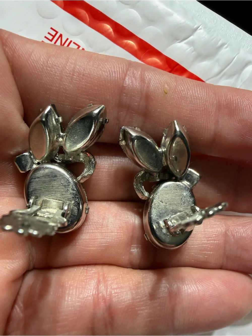 Vintage Silver Tone Watermelon Rhinestone Clip On Earrings